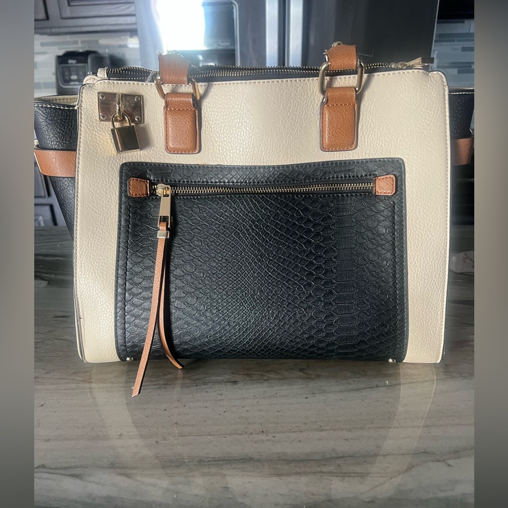 Aldo Black and Cream Tote with Tan Accents